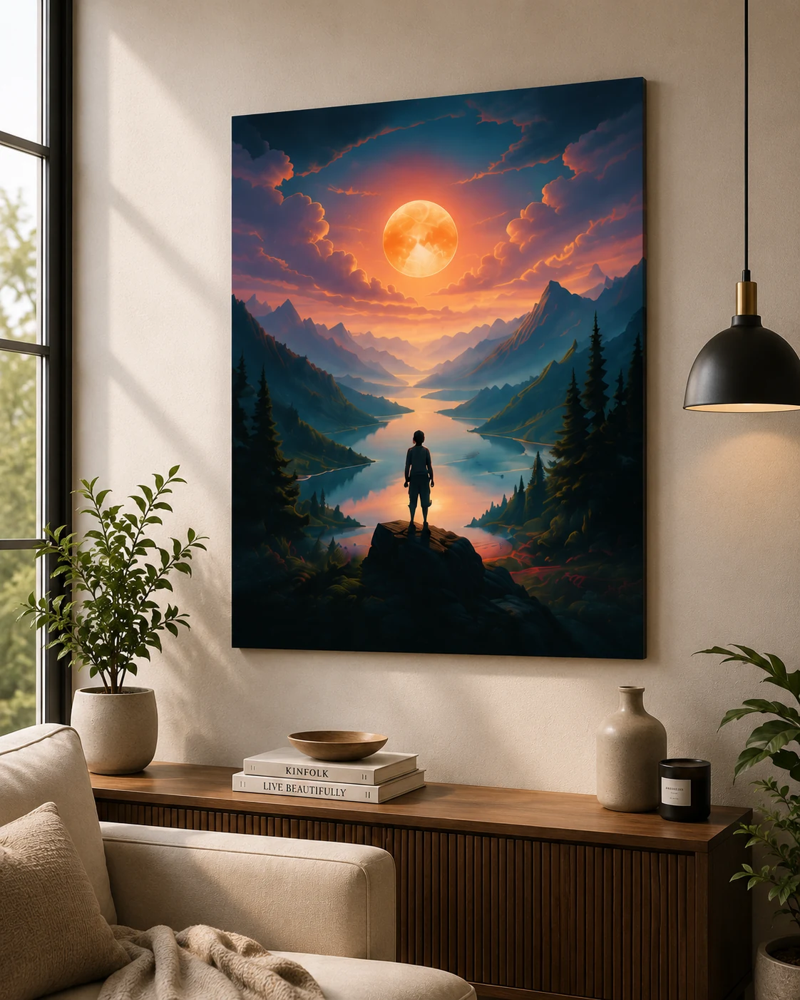 AI artwork shown as a finished poster on a wall